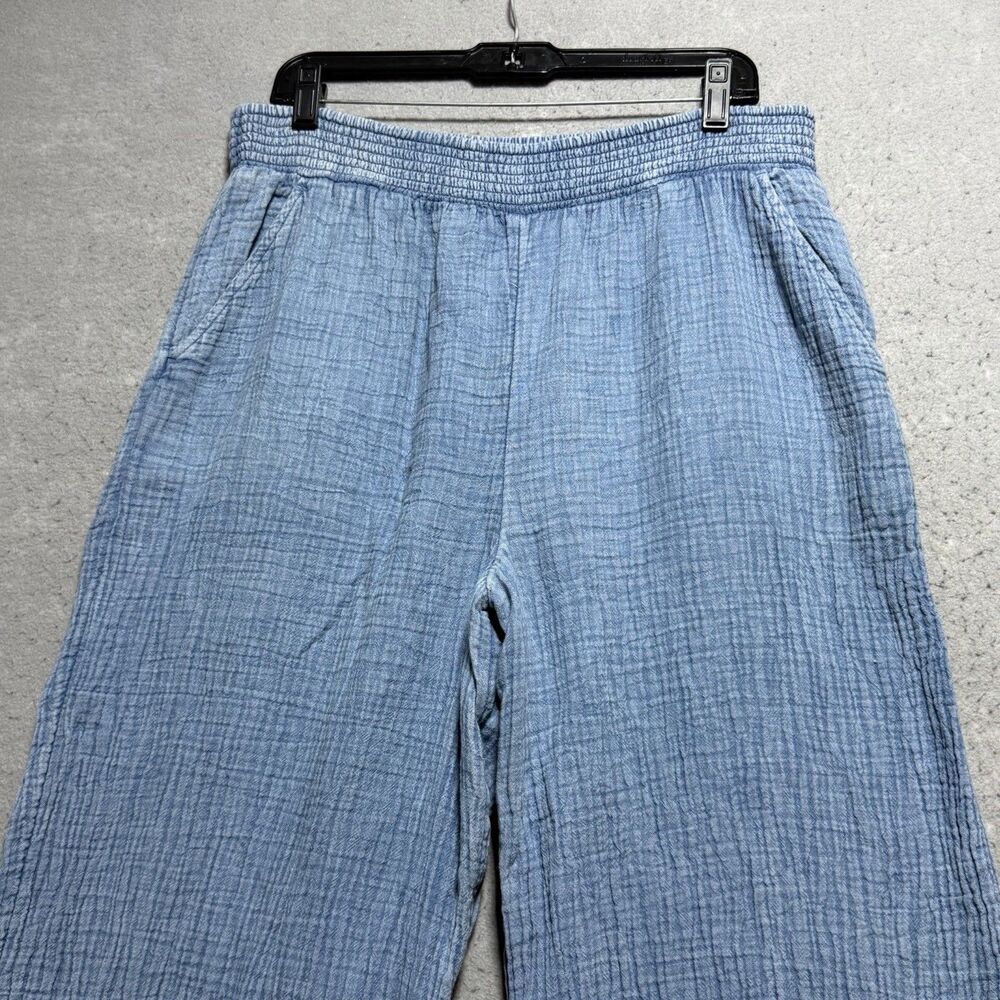 Aerie Gauze Pants XL Blue Wide Leg Side Slit Smocked Coastal Beach PullOn Cotton - Picture 2 of 12